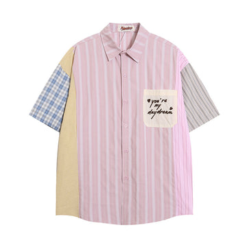Asymmetric Color Contrast Patchwork Striped Short Sleeve Shirt