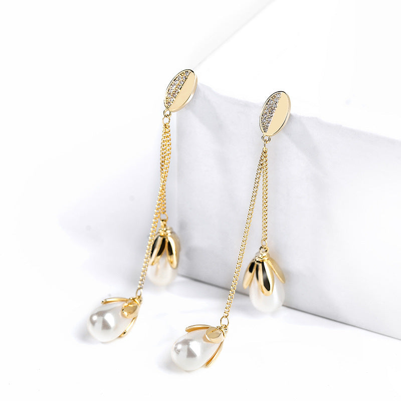 Silver Needle Pearl Long Sweet Earrings