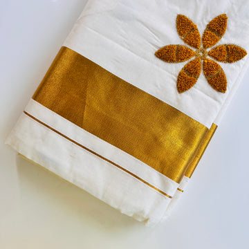 Raga Kerala Saree with golden flower embroidery