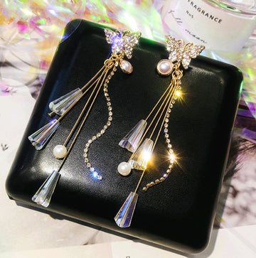 925 silver needle super fairy crystal earrings butterfly temperament long tassel earrings personality earrings earrings