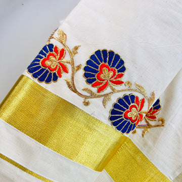 Raga Kerala Kasavu Saree Golden Flower Embroidery