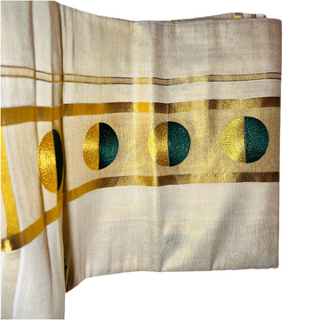 Avani Classic Kerala Saree with golden and green buttas