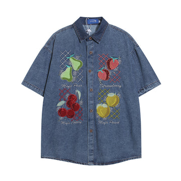 Fruit Embroidery Denim Washed Short-sleeved Shirt