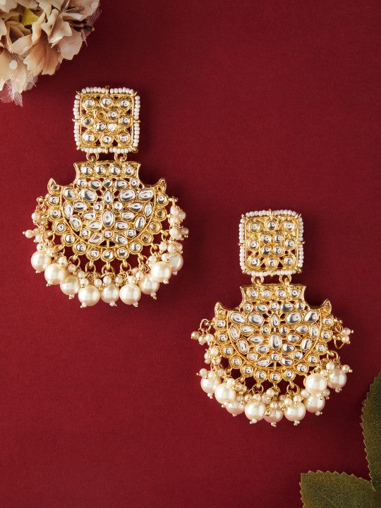 Lubans Gold-Plated Kundan-Studded Long Chandbalis with Pearl-Beaded