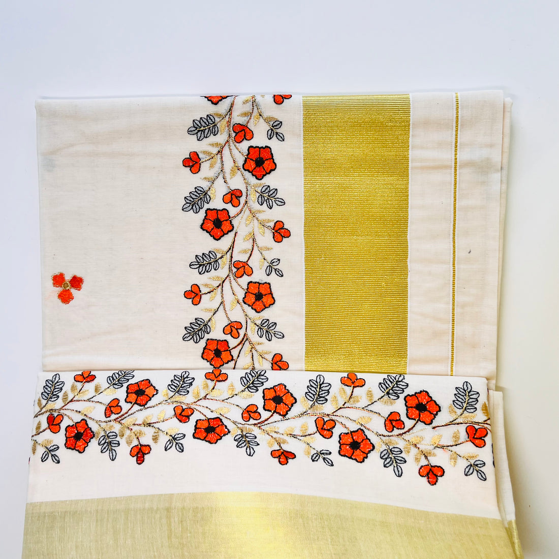 Raga Kerala Saree with Kasavu border and flower embroidery