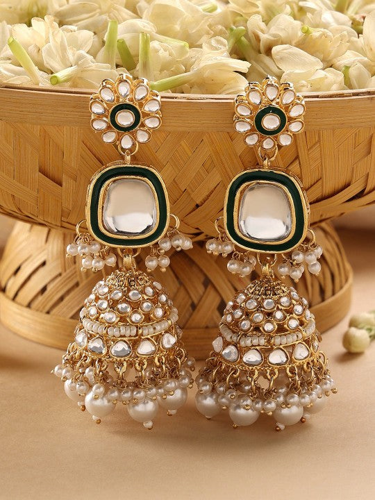 Zaveri Pearls Gold Plated Kundan Studded & Beaded Jhumkas