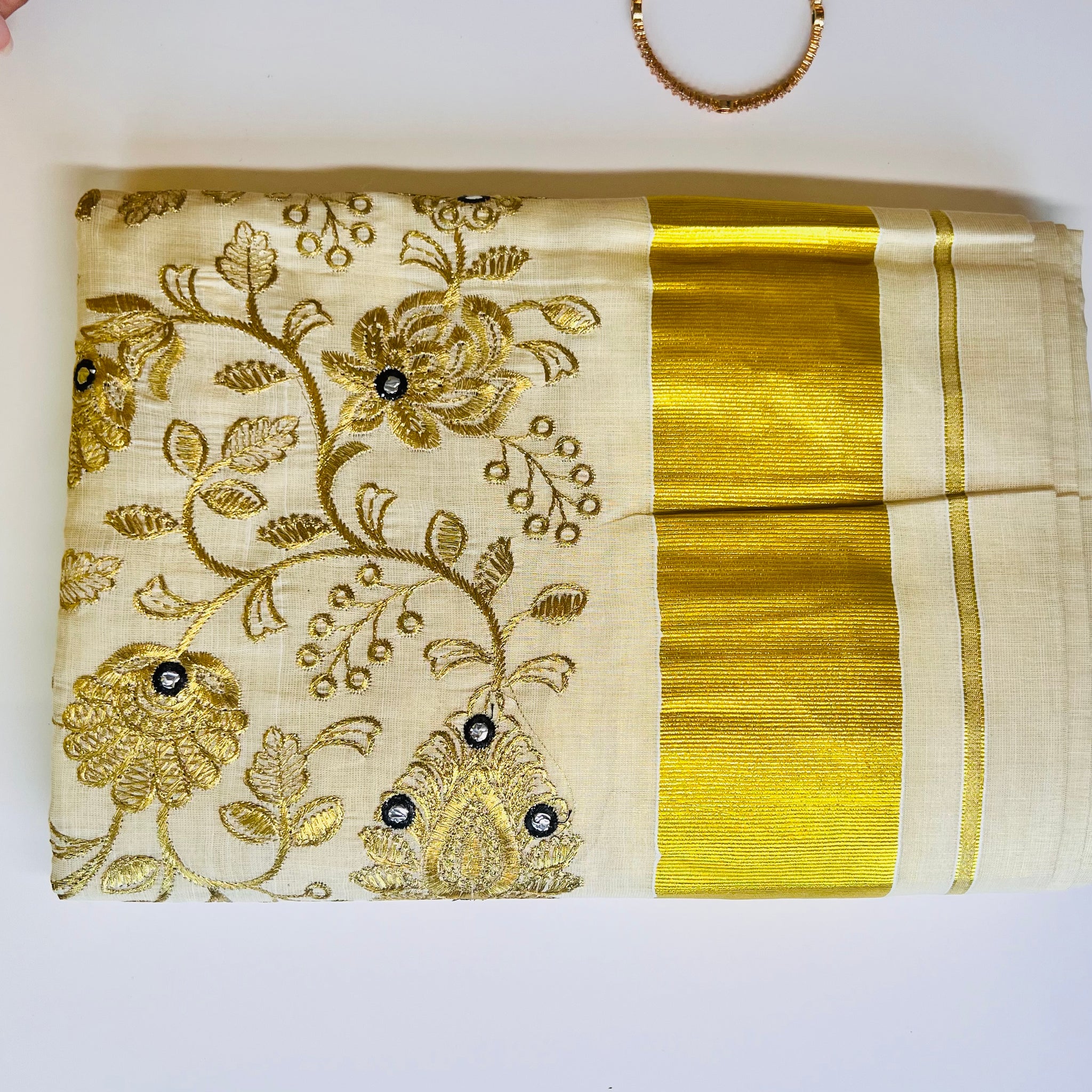 Raga one minute saree with golden flower embroidery