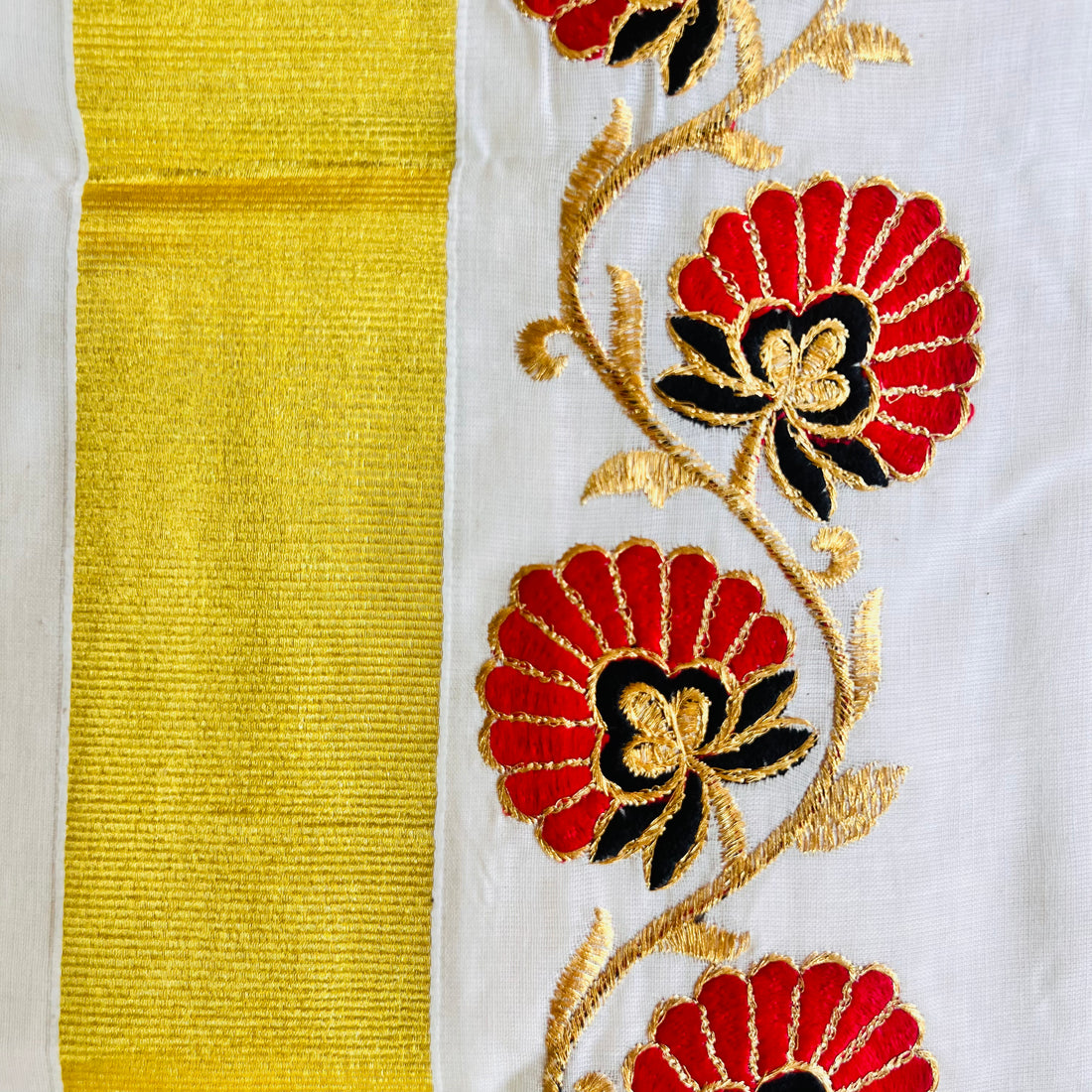 Raga One minute Saree with  Kasavu Flower Embroidery