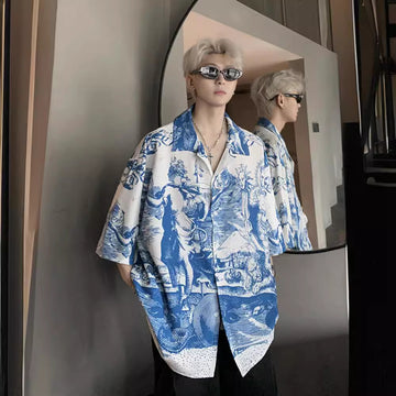 Aegean Mythos Art Embossed Printed Ice Silk Shirt, Designed by Reiki