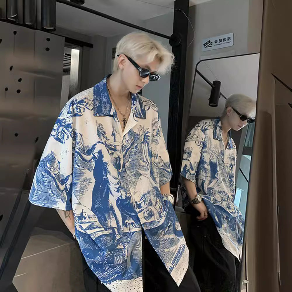 Aegean Mythos Art Embossed Printed Ice Silk Shirt, Designed by Reiki