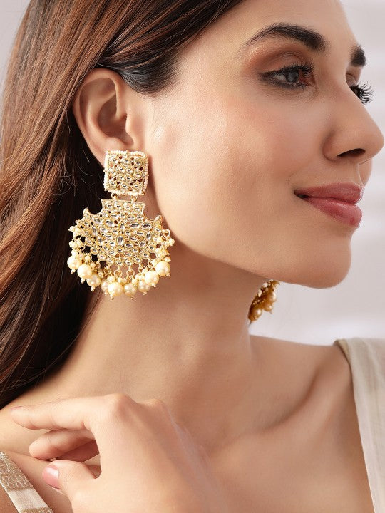 Lubans Gold-Plated Kundan-Studded Long Chandbalis with Pearl-Beaded